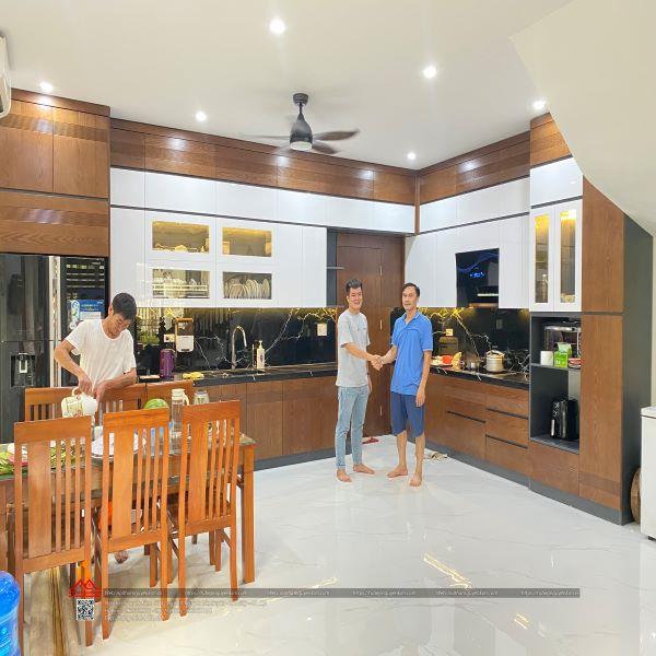 Thi công full nội thất tủ bếp sồi nga kết hợp cánh acrylic nhà anh Hưng, Lê Trọng Tấn, Hà Đông