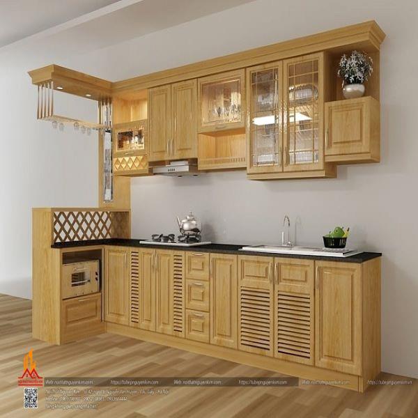 Tủ bếp gỗ dổi vàng chữ L cho căn bếp hiện đại