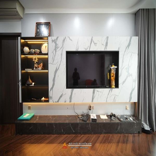 Phòng khách hiện đại gỗ MDF chống ẩm nhà anh Tuấn chung cư Mulberry, Mỗ Lao, Hà Đông
