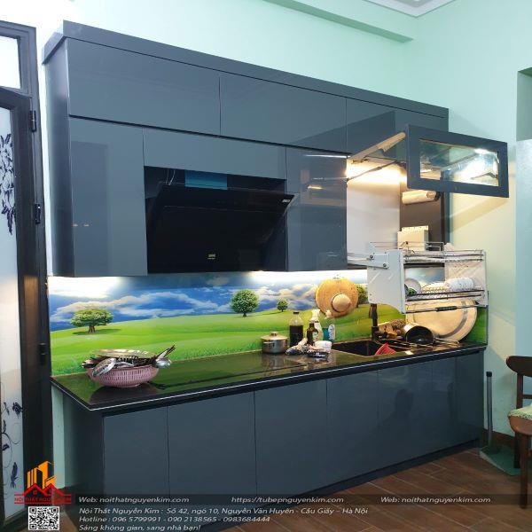 Tủ bếp acrylic màu ghi thi công nhà chị Yến, Đông Xuân, Quốc Oai