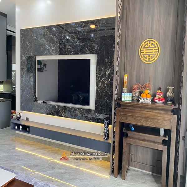 Full nội thất phòng khách gỗ MDF căn biệt thự mái Nhật - Anh Hùng, Kinh Môn, Hải Dương