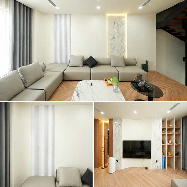 Full nội thất phòng khách gỗ MDF An Cường nhà anh Thìn, Vinhomes Vũ Yên