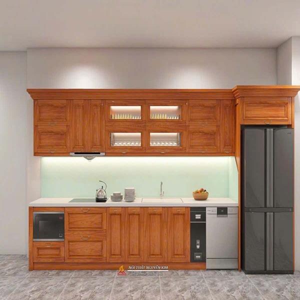 Mẫu tủ bếp gỗ gõ đỏ chữ I nhà chị Chi, anh Tiệp, Hải Dương