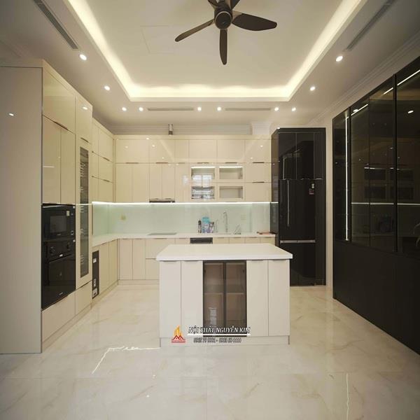 Tủ bếp inox hệ module cánh kính chữ L nhà anh Hiếu, Phú Xuyên