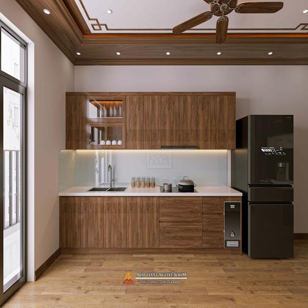 Mẫu tủ bếp inox cánh gỗ óc chó nhà chị Tâm, Cầu Diễn, Nam Từ Liêm